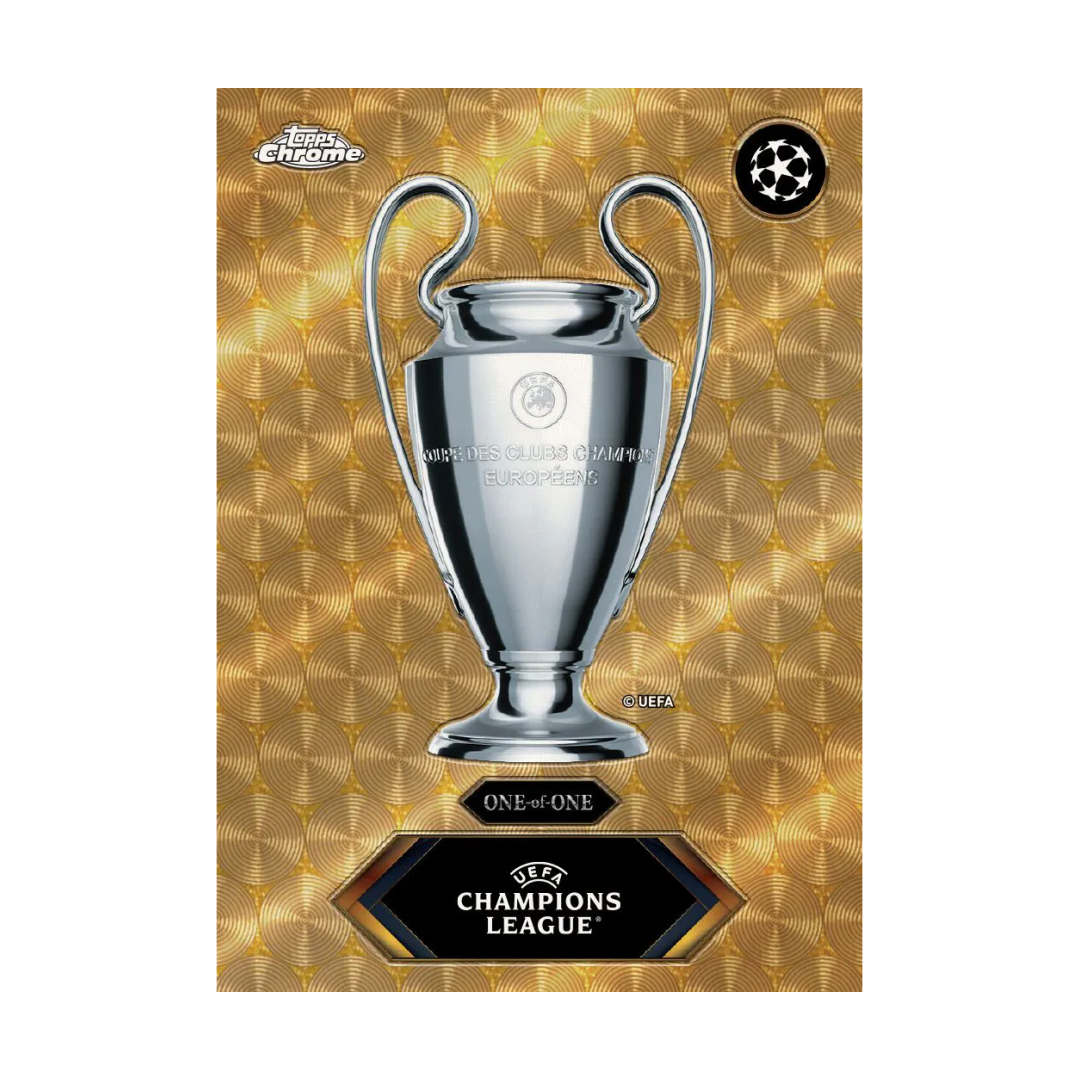 Carta trofeo UEFA Champions League 2023-24 Topps Chrome, sfondo dorato, etichetta One-of-One.