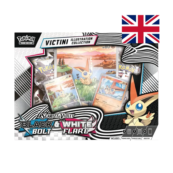 Close-up front view of Pokémon TCG Scarlet & Violet—Black Bolt & White Flare Victini Illustration Collection (EN) packaging with Victini promos and oversize card.