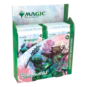The Gathering Bloomburrow Collector Booster Display with 15 cards per pack and colorful artwork.