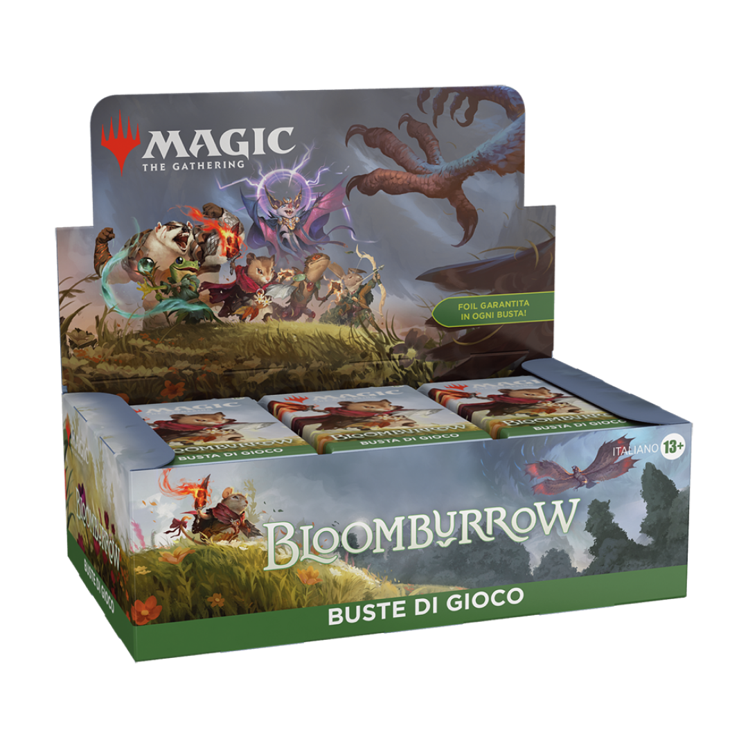 Scatola di booster BloomBurrow per Magic: The Gathering, mostra diversi pacchetti pronti per l'apertura.