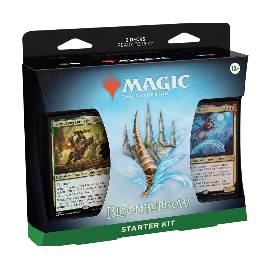 Magic: The Gathering Bloomburrow Starter Kit featuring visible cards and vibrant artwork.