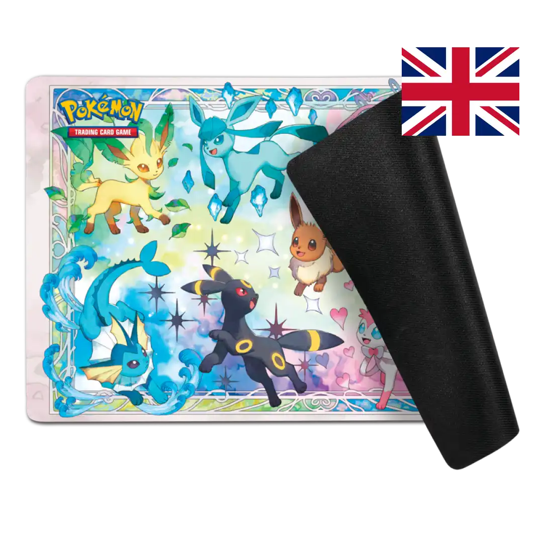 Full Pokémon playmat with all Eevee evolutions: Jolteon, Flareon, Vaporeon, Espeon, Umbreon, Glaceon, Leafeon, Sylveon, and Eevee in the center
