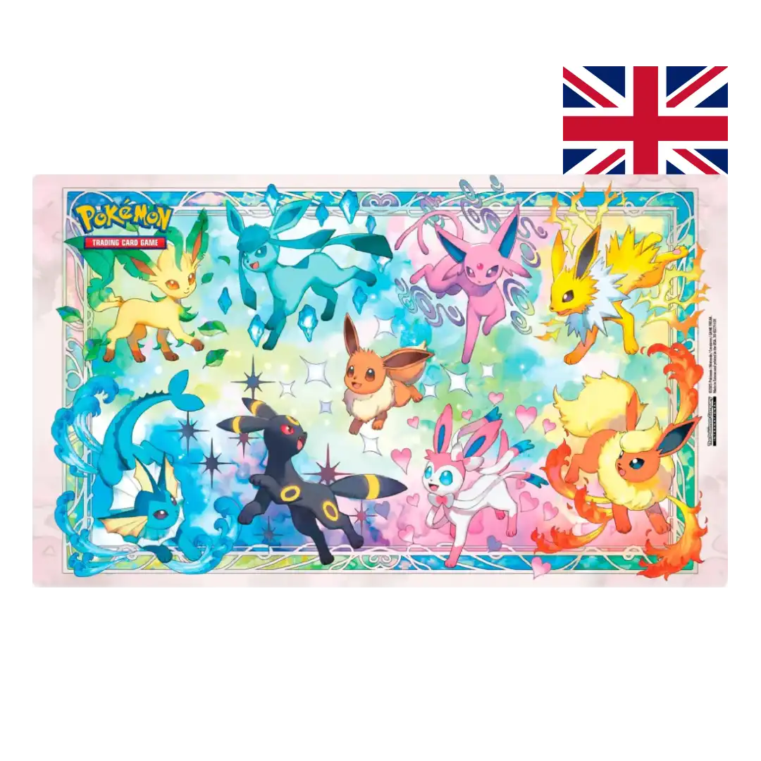 Pokémon playmat featuring Eevee and its evolutions: Umbreon, Glaceon, Vaporeon, and more in colorful illustration style