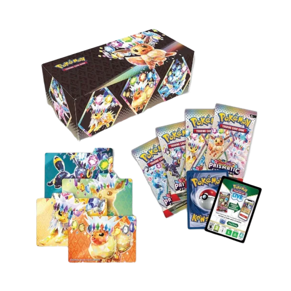 Immagine che mostra il cofanetto da collezione, 4 buste dell'espansione Scarlatto e Violetto: Evoluzioni Prismatiche, carte promozionali, divisori e codice per il GCC Pokémon Live.