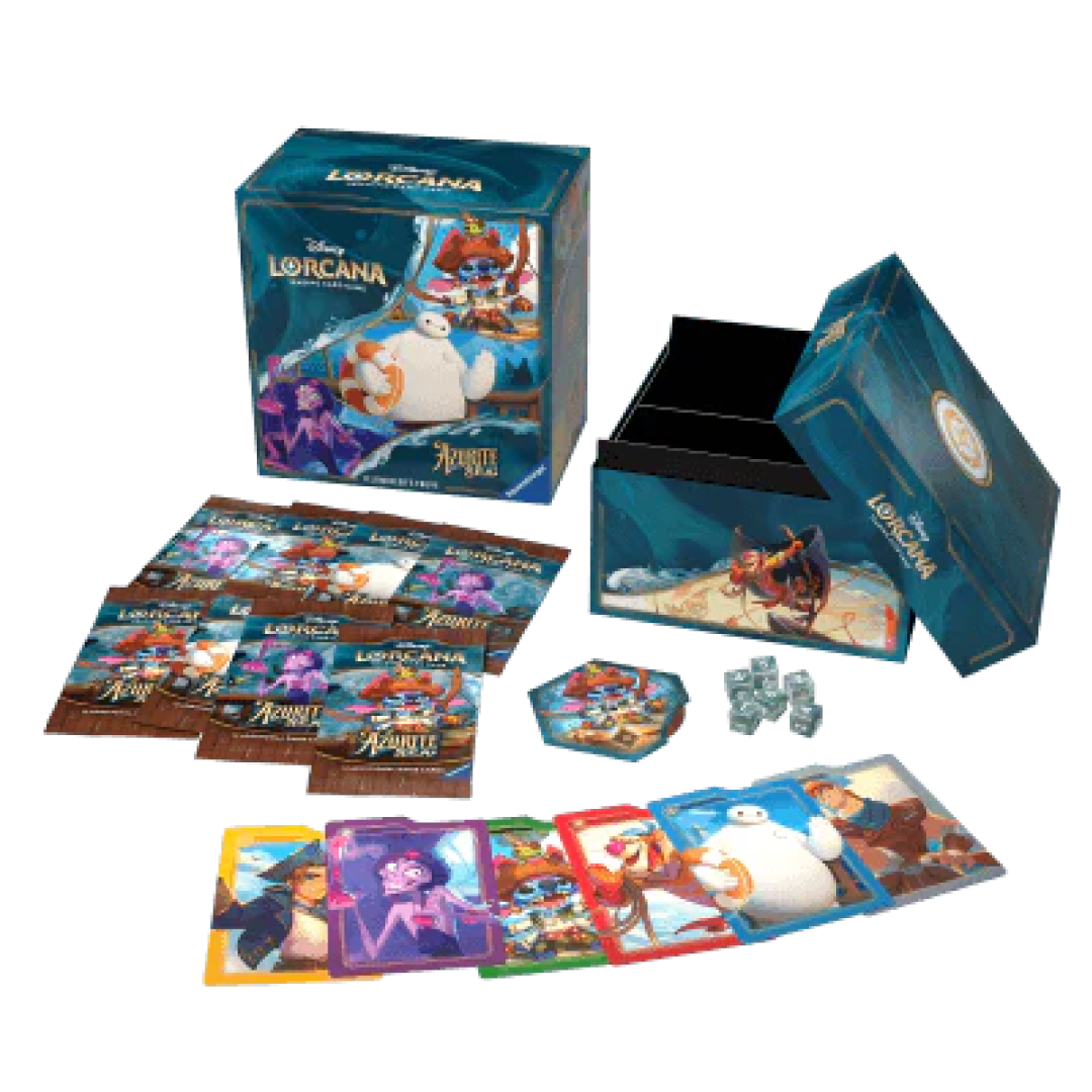 Contenuto del Disney Lorcana Azurite Sea Illumineer's Trove con booster packs, carte, dadi e scatola di immagazzinamento
