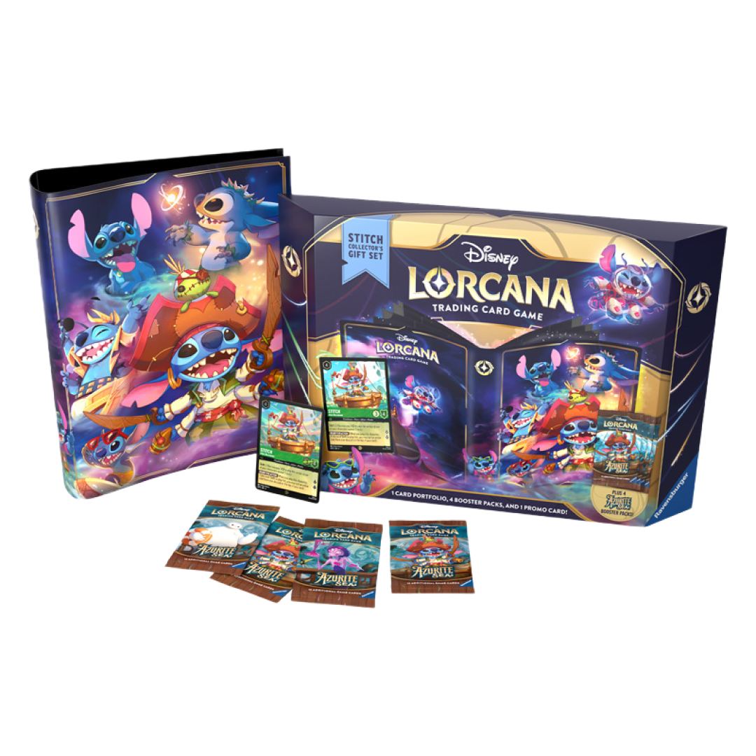 Disney Lorcana Stitch Collector's Gift Set con 4 Booster Packs, portfolio, e carte TCG Azurite Sea