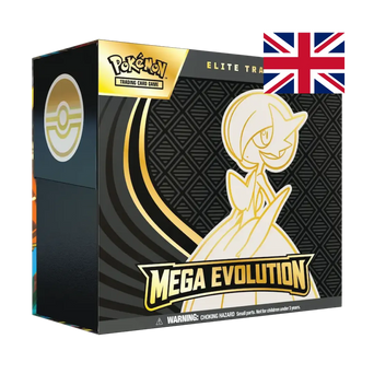 Pokémon Mega Evolution Elite Trainer Box featuring Mega Gardevoir on black geometric background