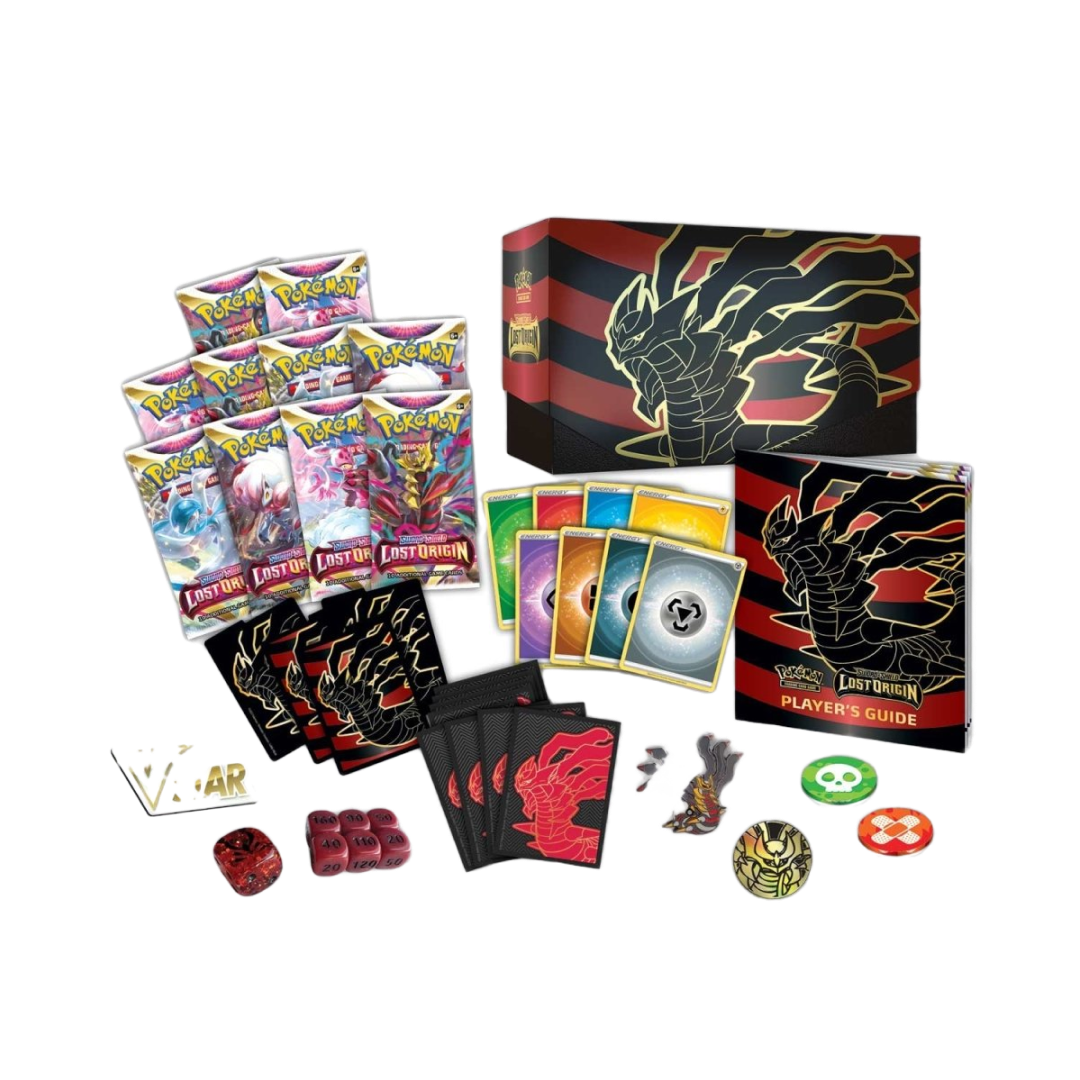 et completo del Pokémon Lost Origin Elite Trainer Box con buste booster, dadi, custodie per carte, segnalini e guida del giocatore con design di Giratina