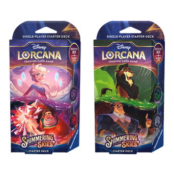 Two Starter Decks of Lorcana: Shimmering Skies, one featuring Elsa and Ralph, and the other featuring Scar and Ratcliffe.