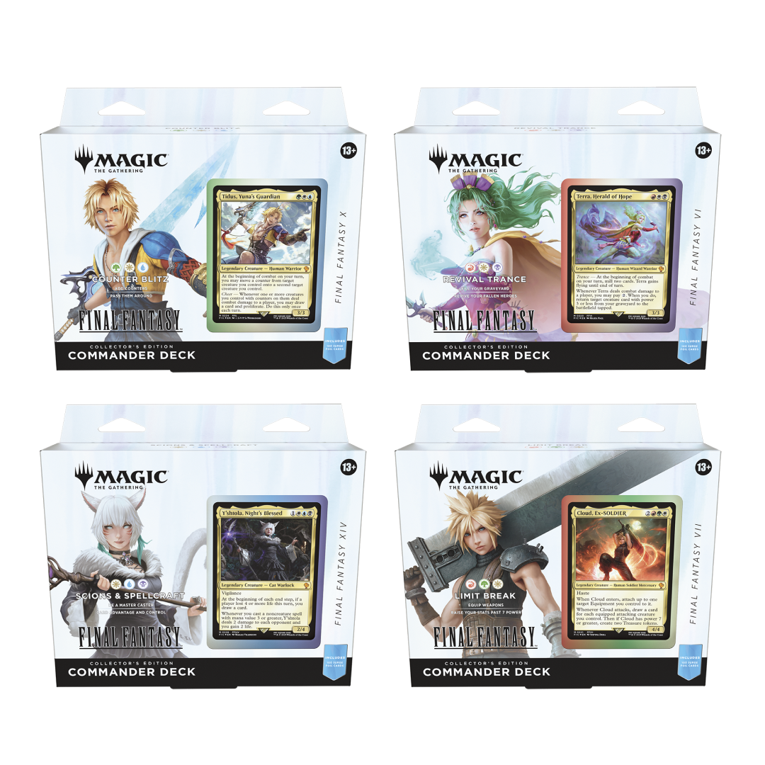 Final Fantasy - Bundle Commander - Collector’s Edition di Magic: The Gathering. Include 4 mazzi esclusivi basati sui capitoli più amati della saga.