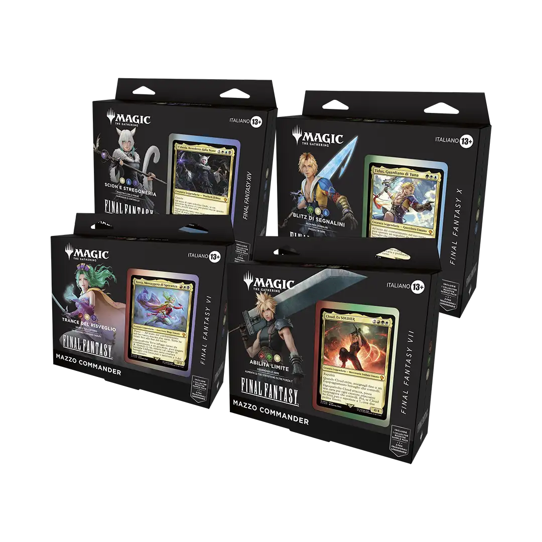 Final Fantasy - Bundle Commander - Magic: The Gathering. Include 4 mazzi Commander con carte esclusive e strategie uniche basate sulla saga di Final Fantasy.