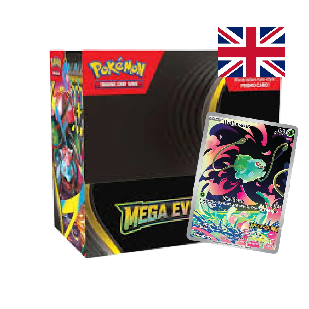 Pokémon Mega Evolution card collection storage box with Bulbasaur promotional card displayed.