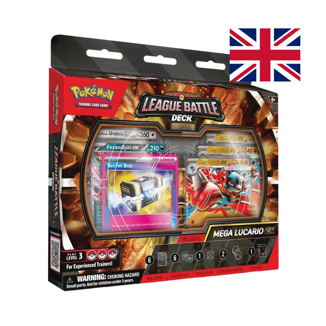 Confezione Mega Lucario ex League Battle Deck Pokémon TCG in lingua inglese con carta Mega Lucario ex in finestra