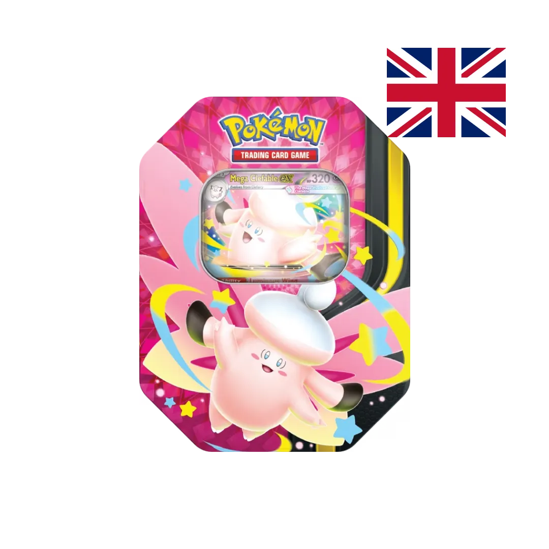 Collector Tin Mega Clefable-ex della linea Moonlit Pokémon TCG, scatola in metallo con finestra