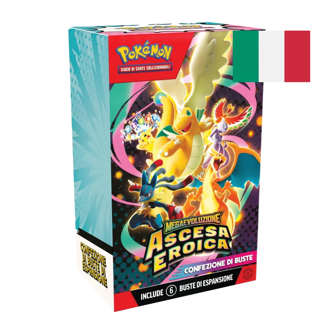 Bundle dell'espansione Ascesa Eroica con illustrazione di Mega Dragonite-ex e Mega Lucario-ex.