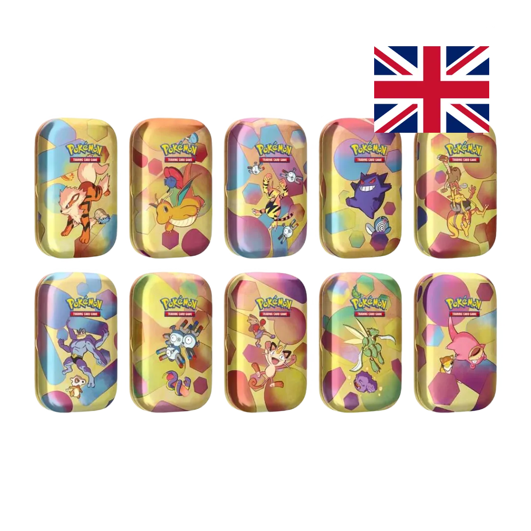 Complete set 10 Pokemon Scarlet Violet 151 Mini Tins showing all classic Kanto Pokemon artwork designs