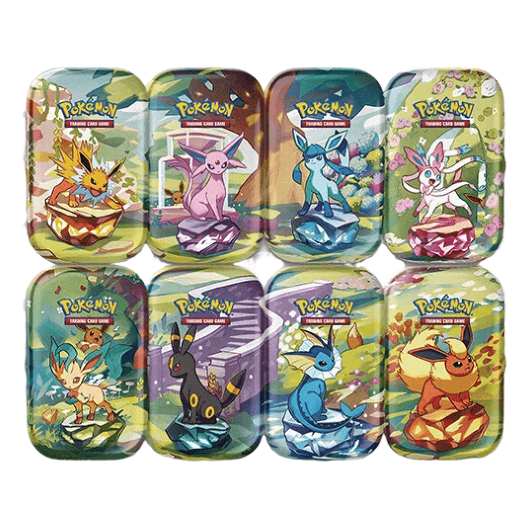 Immagine raffigurante tutte e otto le Mini Tin della collezione Evoluzioni Prismatiche.