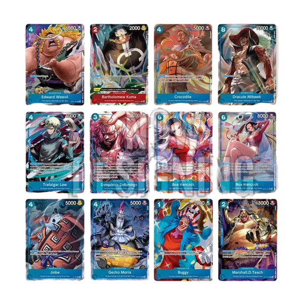 Carte promozionali One Piece Card Game Seven Warlords of the Sea con Boa Hancock, Mihawk e Law