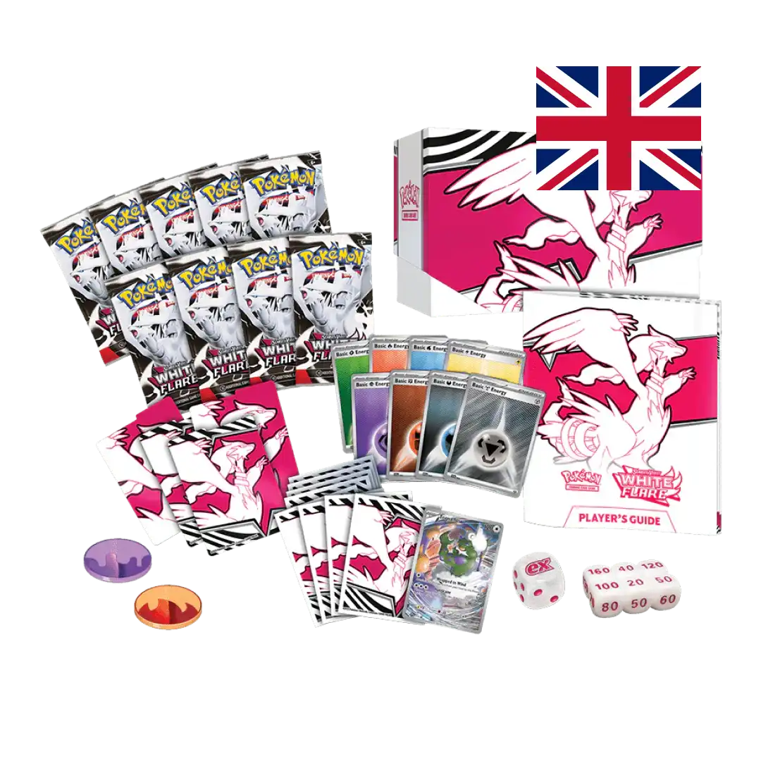 L'intero arsenale dell'Elite Trainer Box White Flare in bella mostra: 9 bustine dell'espansione White Flare, il set completo di carte Energia, dadi specializzati, bustine protettive tema Reshiram, la carta promozionale esclusiva e tutti gli accessori necessari per l'allenatore competitivo.