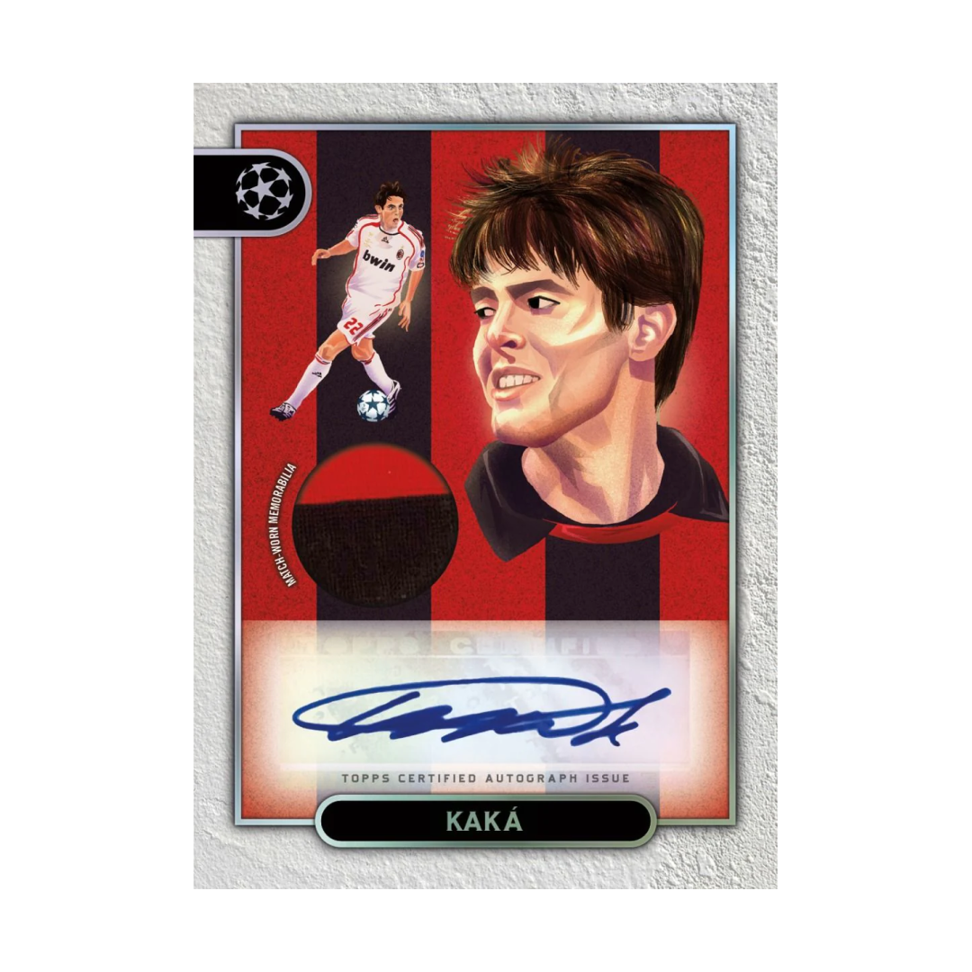 Carta da collezione Kaká Topps con memorabilia AC Milan e autografo.