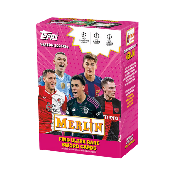 Confezione della Value Box Merlin 2023/24 con immagini di giocatori di calcio e il richiamo alle Sword Cards