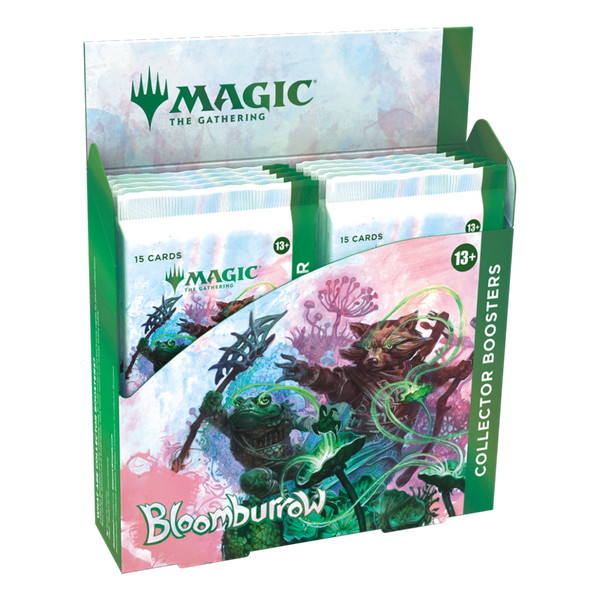  The Gathering Bloomburrow Collector Booster Display with 15 cards per pack and colorful artwork.
