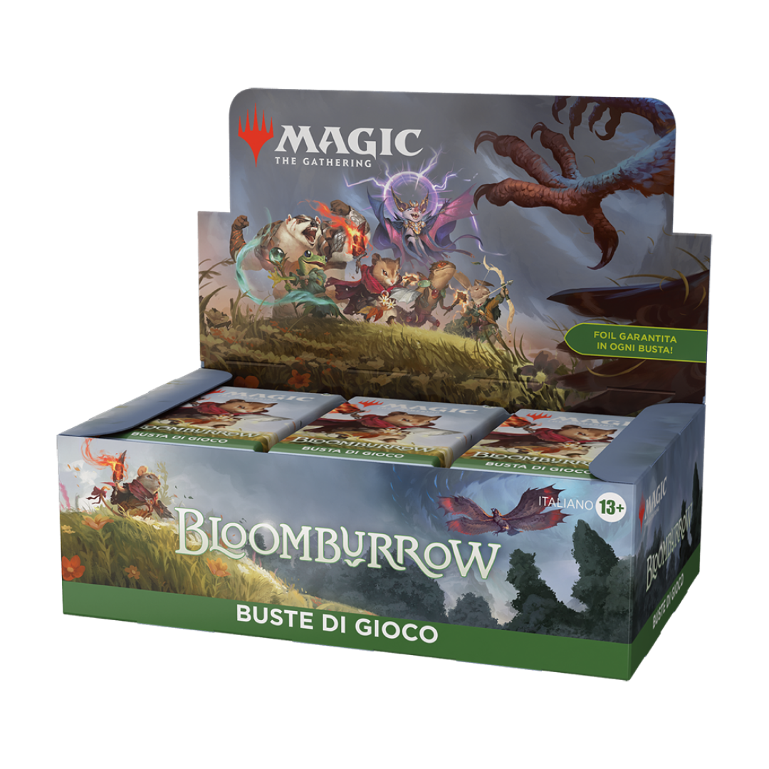Display di booster BloomBurrow per Magic: The Gathering con illustrazioni di creature magiche
