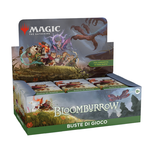 Scatola di booster BloomBurrow per Magic: The Gathering, mostra diversi pacchetti pronti per l'apertura.