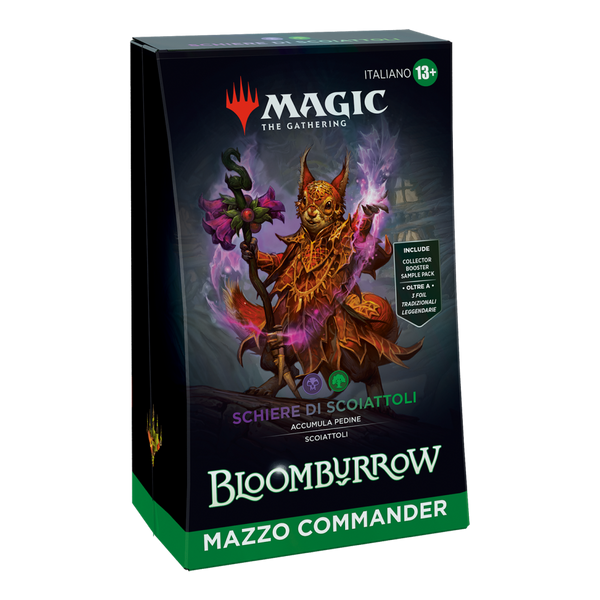 Vista angolare del Mazzo Commander Schiere di Scoiattoli di Bloomburrow per Magic: The Gathering.