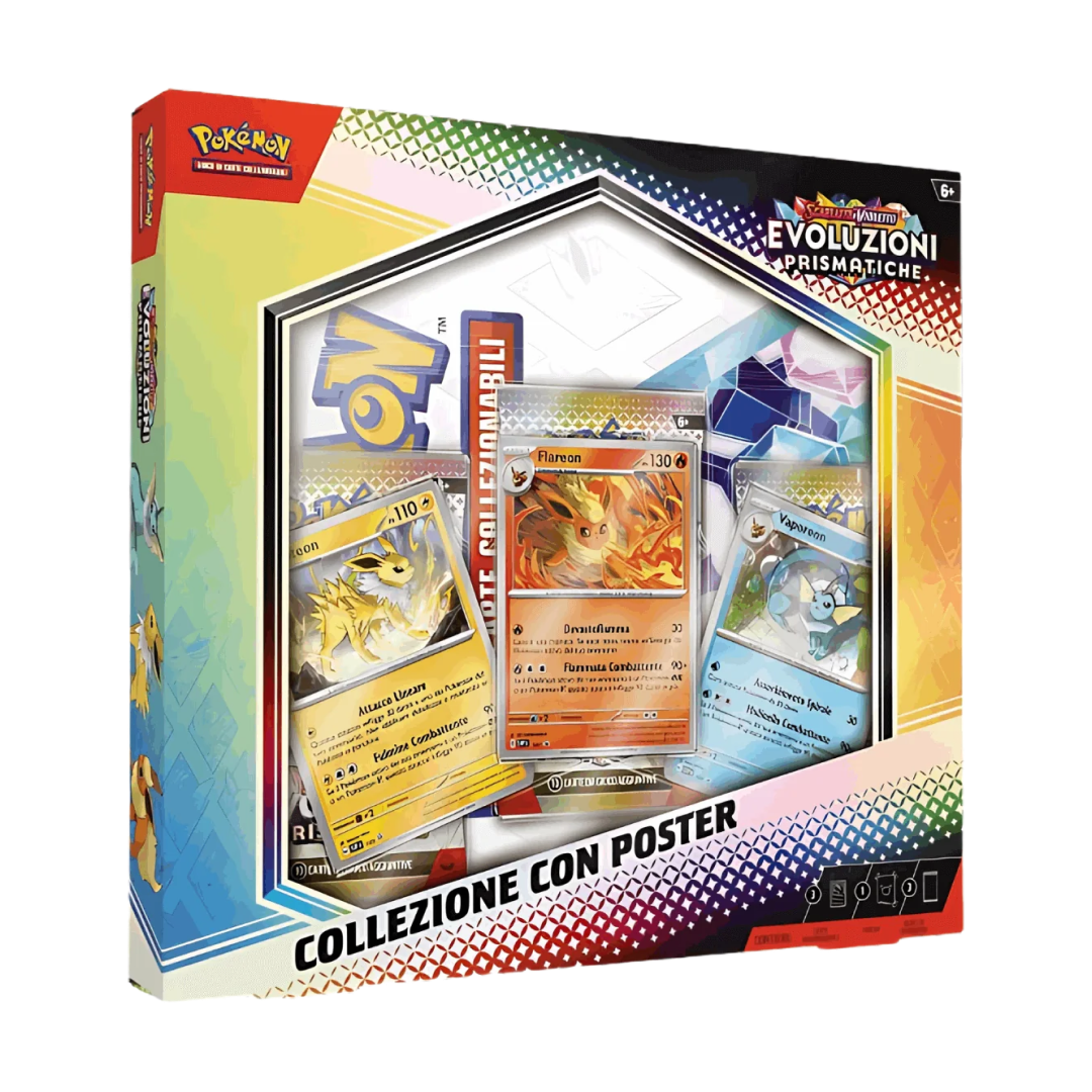 Collezione Pokémon Evoluzioni Prismatiche con Poster - Immagine del prodotto che include 3 carte promozionali olografiche (Flareon, Jolteon, Vaporeon), 3 buste dell'espansione Scarlatto e Violetto: Evoluzioni Prismatiche e un poster esclusivo.