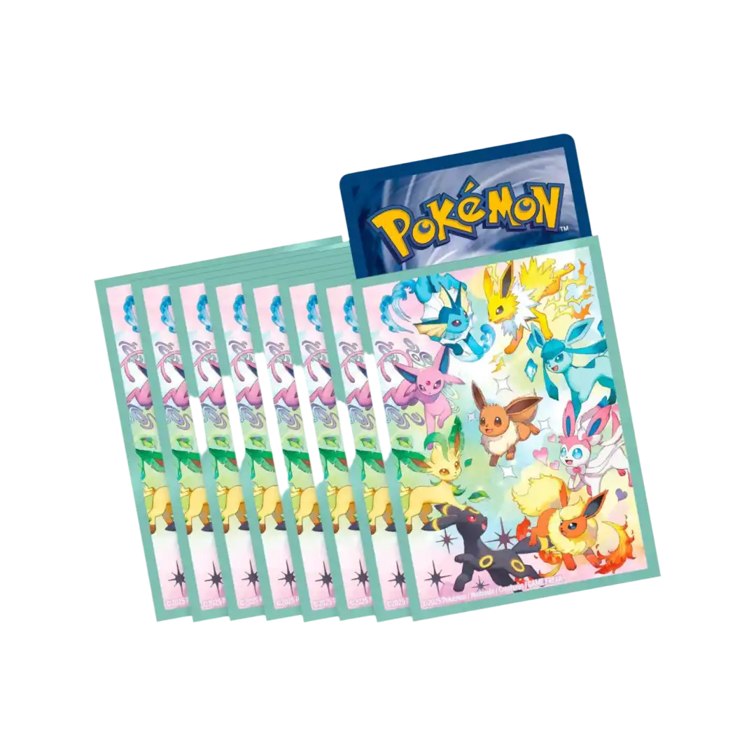 Set di bustine protettive Pokémon con artwork delle evoluzioni di Eevee, incluso Sylveon, Umbreon, Espeon, Jolteon, Flareon, Vaporeon e altri