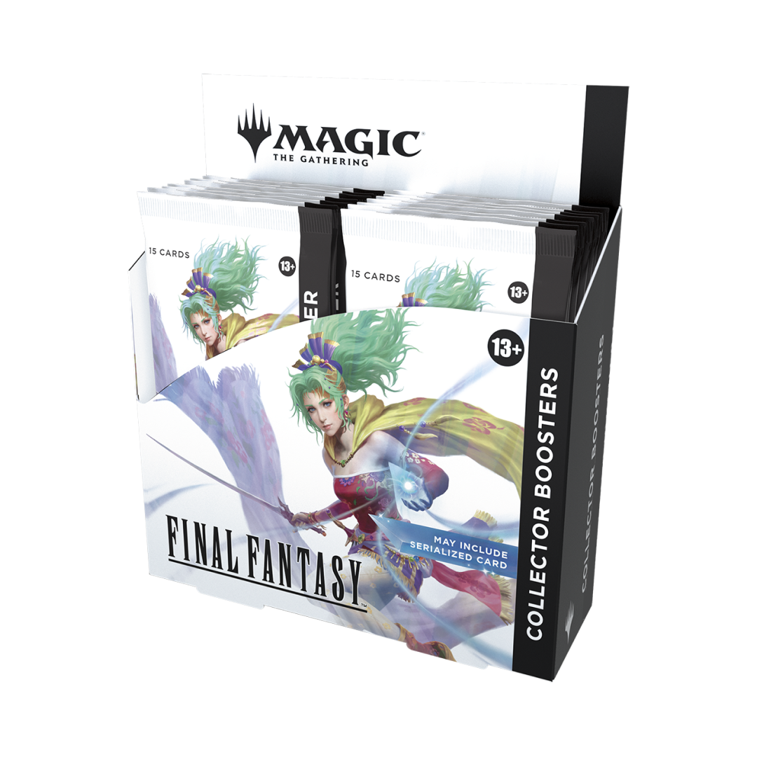 Box Collector Booster di Magic: The Gathering - Final Fantasy, con illustrazione di Terra Branford. Ogni busta contiene 15 carte, incluse versioni foil e rare. Disponibili carte con trattamenti esclusivi.