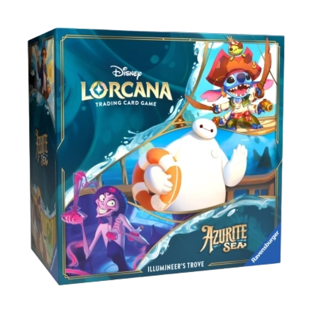 Confezione frontale del Disney Lorcana Azurite Sea Illumineer's Trove con illustrazioni di Stitch, Baymax e Yzma