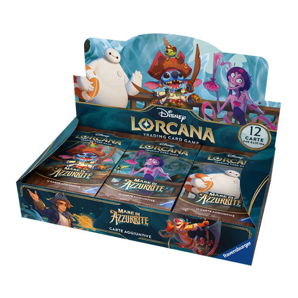 Disney Lorcana Mare di Azzurrite Display Booster Box aperto con illustrazioni di Stitch, Baymax e Yzma