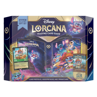 Confezione frontale del Disney Lorcana Stitch Collector's Gift Set con illustrazioni di Stitch e carte del gioco di trading Azurite Sea
