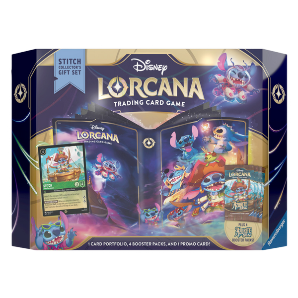 Confezione frontale del Disney Lorcana Stitch Collector's Gift Set con illustrazioni di Stitch e carte del gioco di trading Azurite Sea
