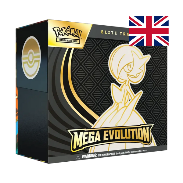 Pokémon Mega Evolution Elite Trainer Box featuring Mega Gardevoir on black geometric background 