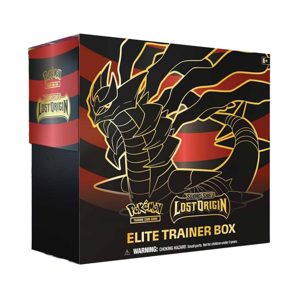 Pokémon Lost Origin Elite Trainer Box con design di Giratina sulla parte frontale in una combinazione di colori rosso e nero.