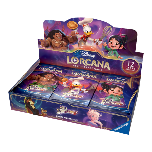 Display di Lorcana: Cieli Scintillanti contenente 24 buste di carte, con immagini di Vanellope, Maui, Paperino e altri personaggi Disney.