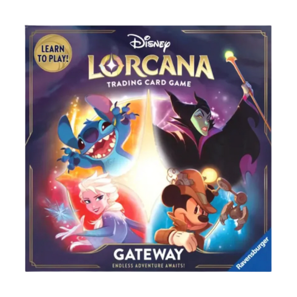 Box of Lorcana Gateway Starter Set showcasing Disney characters Stitch, Elsa, Maleficent, and Mickey Mouse with the text "Learn to Play!" and "Endless Adventure Awaits!"