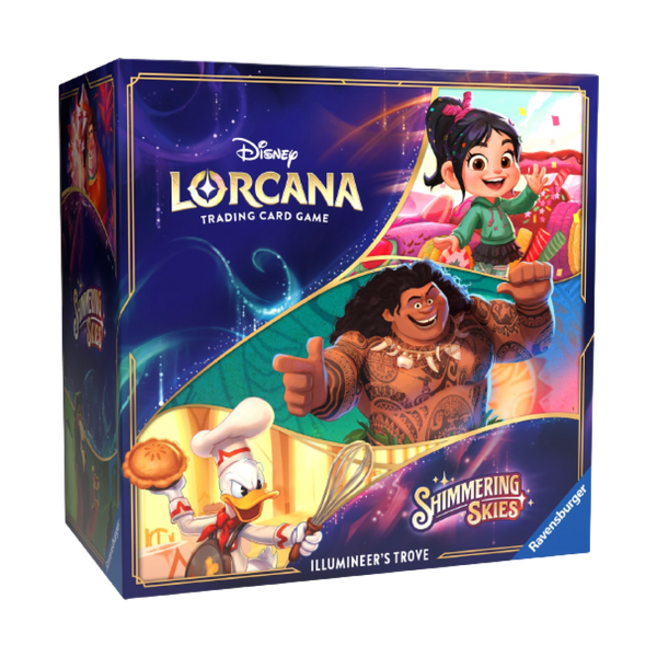 Box of Lorcana Shimmering Skies Illumineer's Trove, showcasing Disney characters Vanellope, Maui, and Donald Duck on the cover.