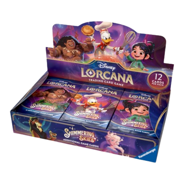 Display di Lorcana: Shimmering Skies contenente 24 buste di carte, con immagini di Vanellope, Maui, Paperino, e altri personaggi Disney.