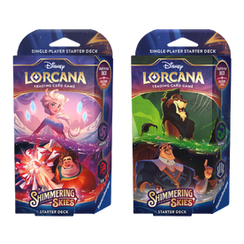 Two Starter Decks of Lorcana: Shimmering Skies, one featuring Elsa and Ralph, and the other featuring Scar and Ratcliffe.