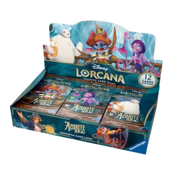 Disney Lorcana Azurite Sea Display Booster Pack aperto con illustrazioni di Stitch, Baymax e Yzma
