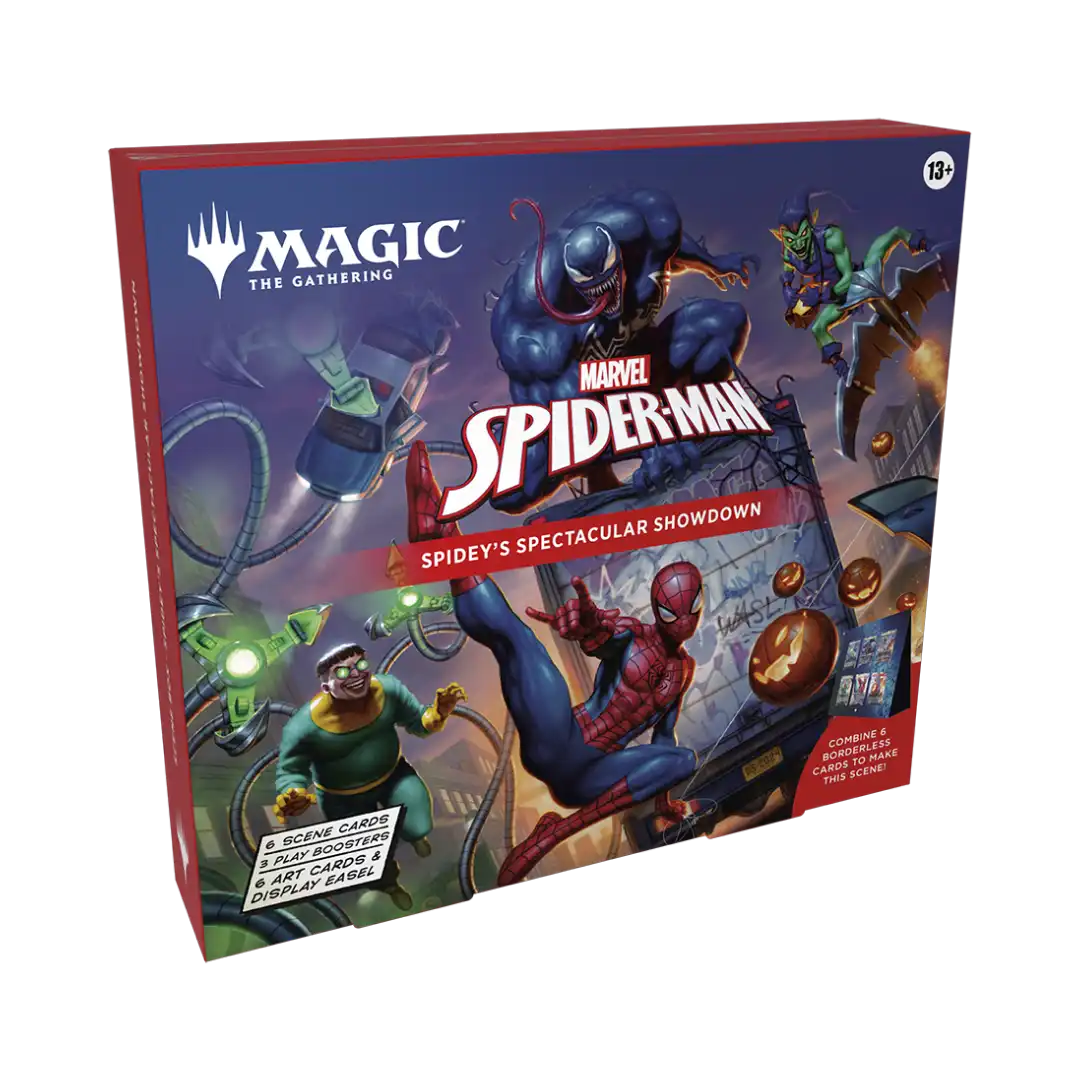 Magic The Gathering Marvel's Spider-Man Scene Box con 6 carte foil scene e display easel