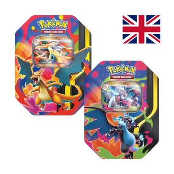 Set di 2 Tin collezionabili ogni una con 1 carta promo foil di Mega Charizard X ex o Mega Charizard Y ex, 4 bustine Pokémon TCG assortite (2x Phantasmal Flames, 1x Mega Evolution, 1x Destined Rivals) e 1 codice digitale.