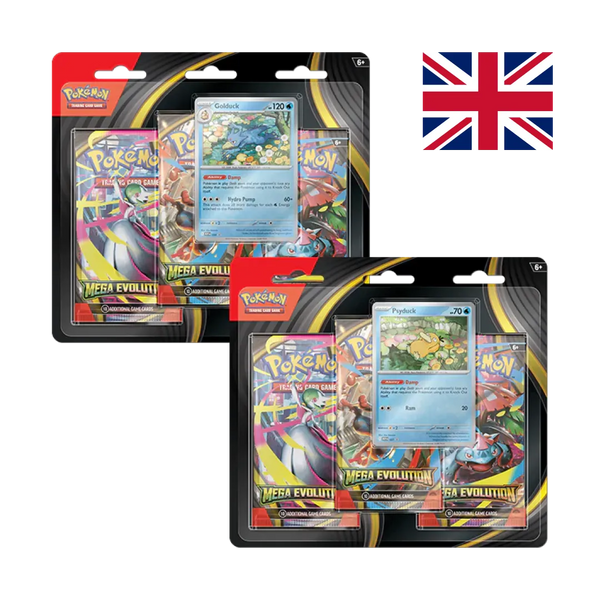 Two Pokémon Mega Evolution blister packs featuring Golduck and Psyduck cards.