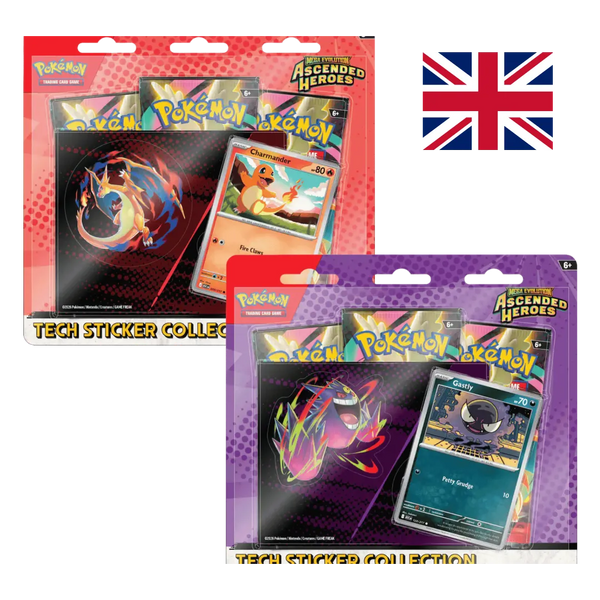 Tech Sticker Collection di Mega Evolution—Ascended Heroes per Pokémon TCG. Include 1 carta promo foil (Charmander o Gastly), 1 foglio sticker tech con Mega Charizard Y o Mega Gengar e 3 bustine. Variante assortita.