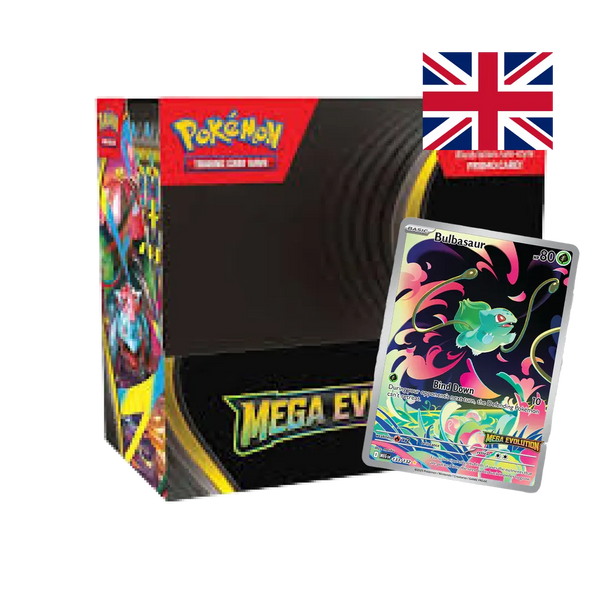 Pokémon Mega Evolution card collection storage box with Bulbasaur promotional card displayed.