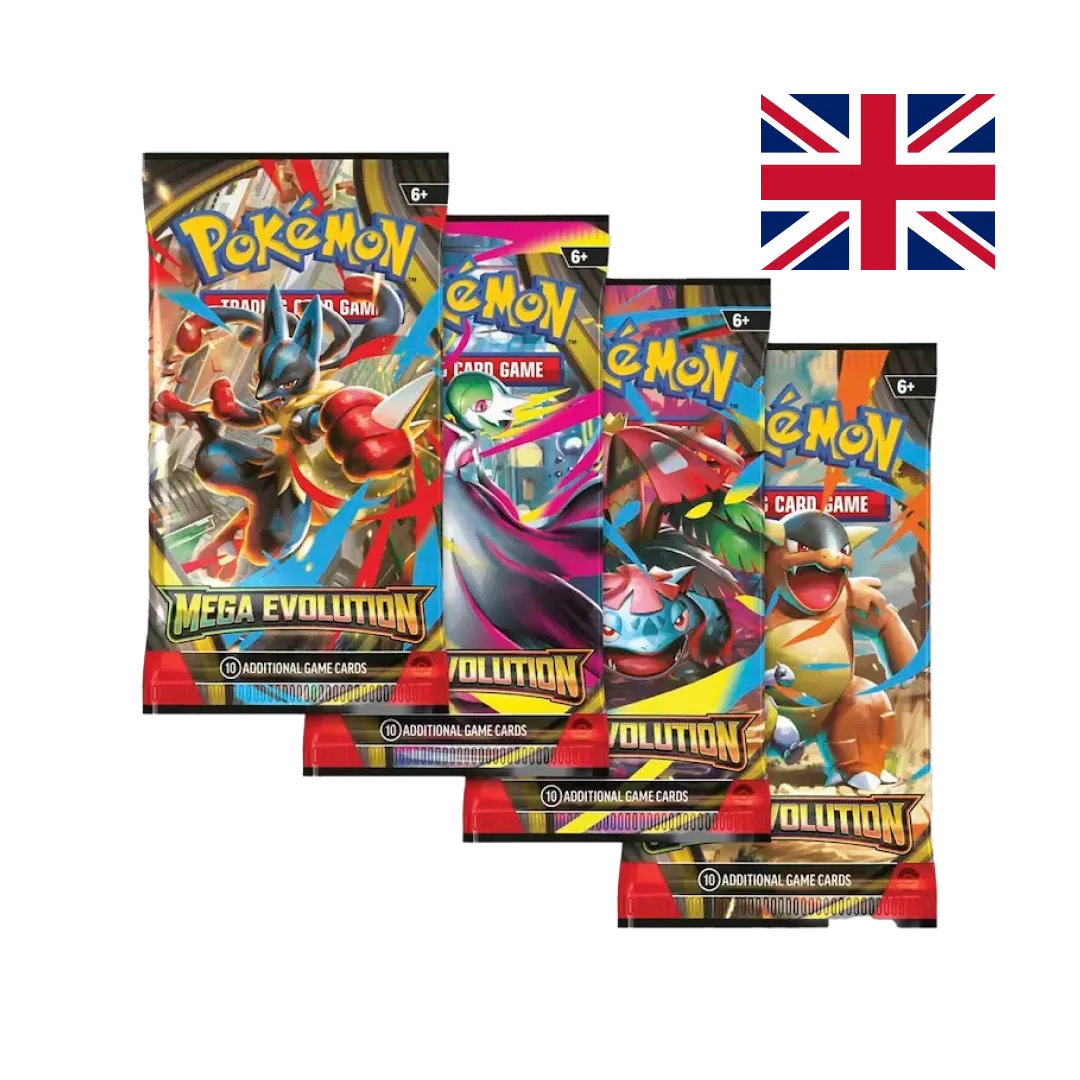 Four Pokémon Mega Evolution booster packs arranged in fan pattern